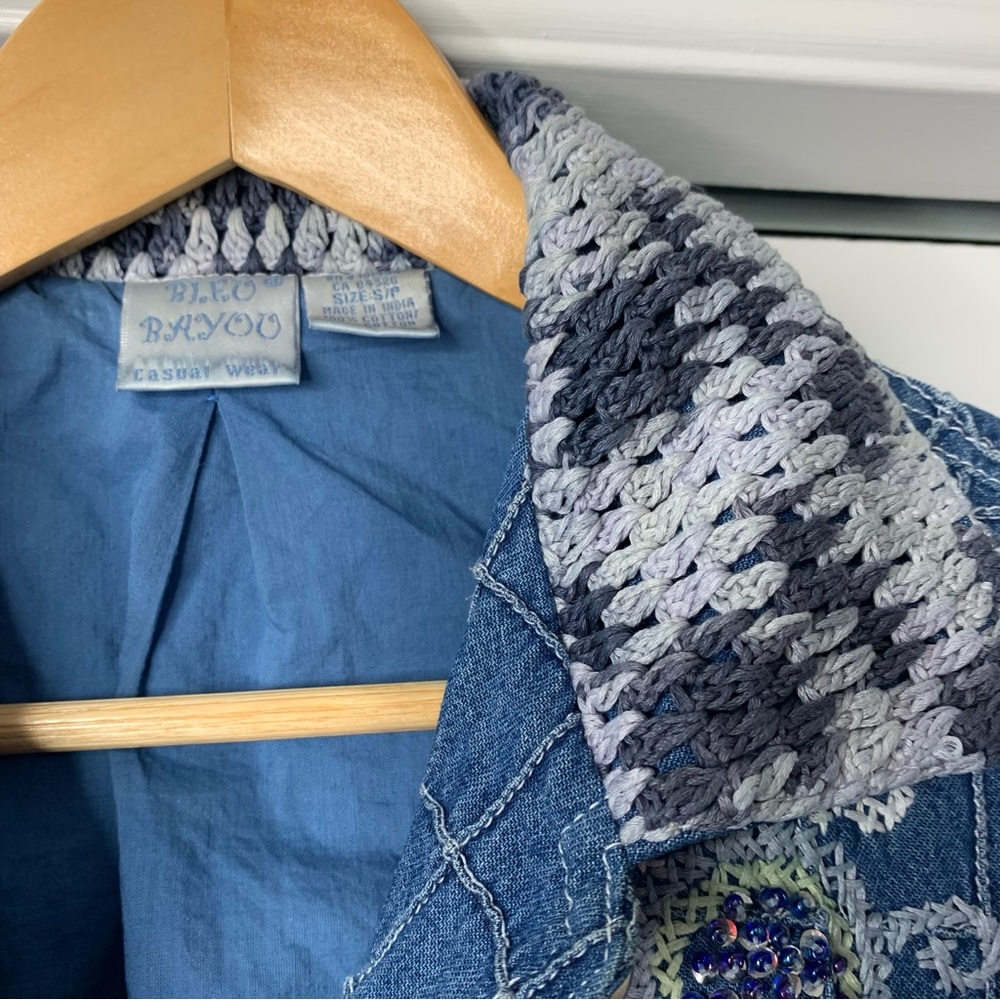 Blue Bayou Patchwork Embroidered Crochet Beaded Boho Denm jacket Women Size US S - Picture 10 of 16